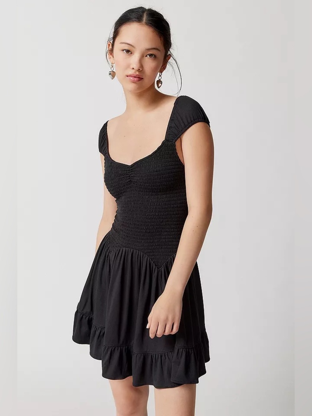 Urban Outfitters Georgina Smocked Mini Dress Washed Black Babydoll XS Boho